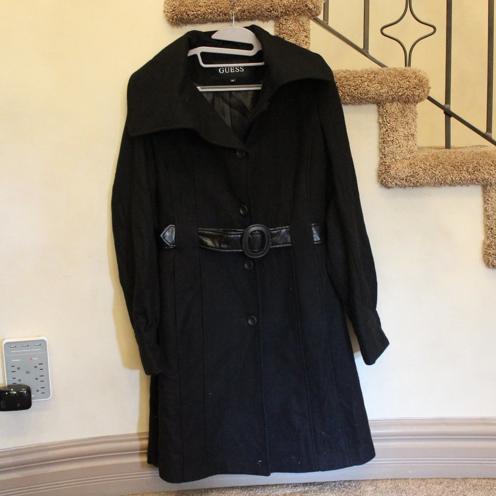 Guess Woman's Black Large Pea Coat